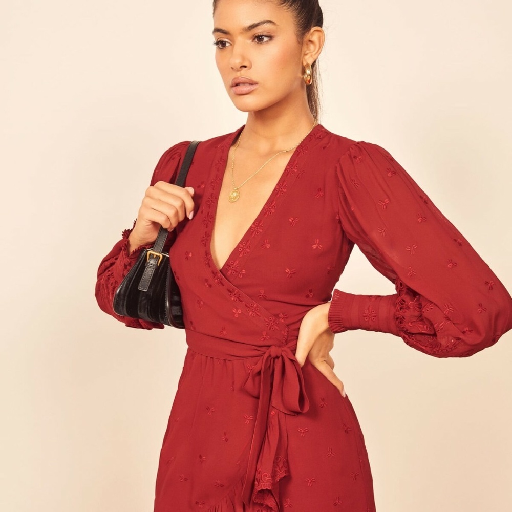 Reformation Wrap Puff Sleeve Red Eyelet Dress XS/0